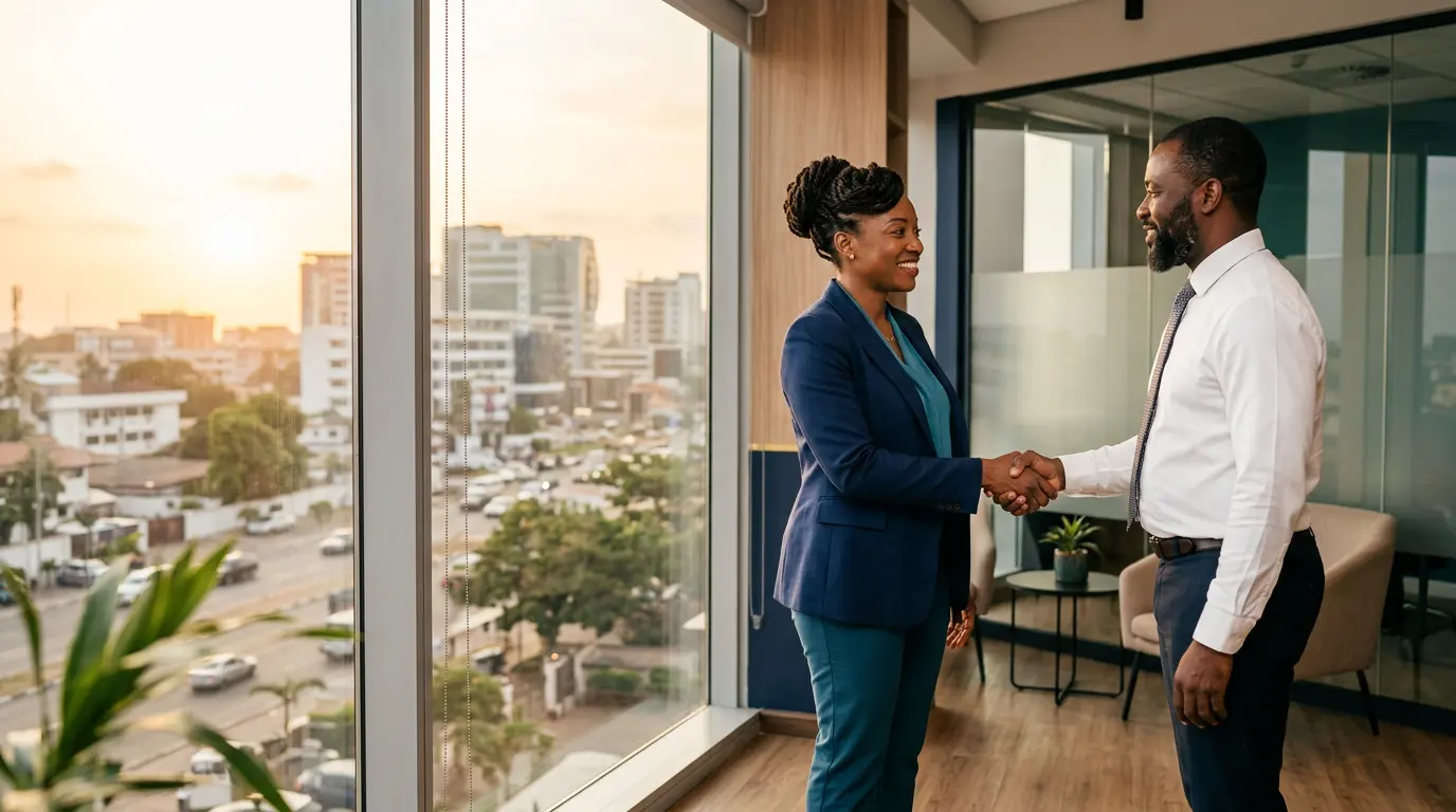 An Olam El Nuel consultant shaking hands with a client in a city office