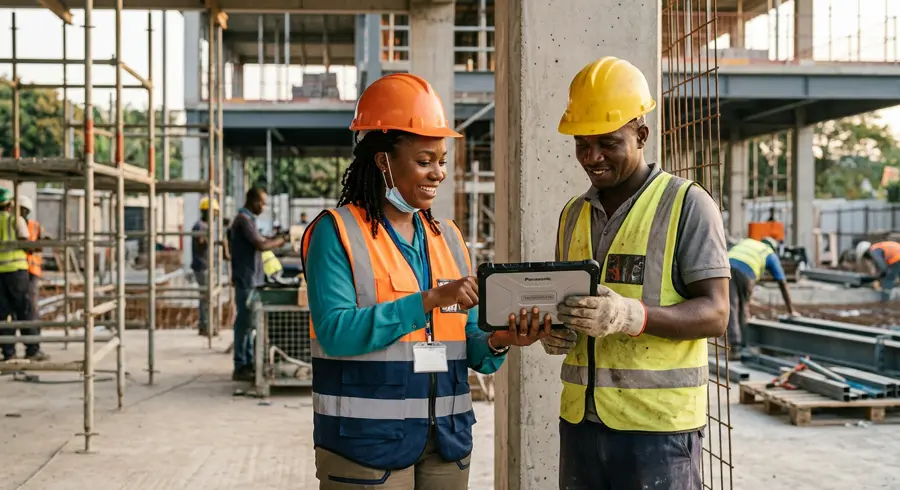A safety consultant reviewing a checklist with a site worker